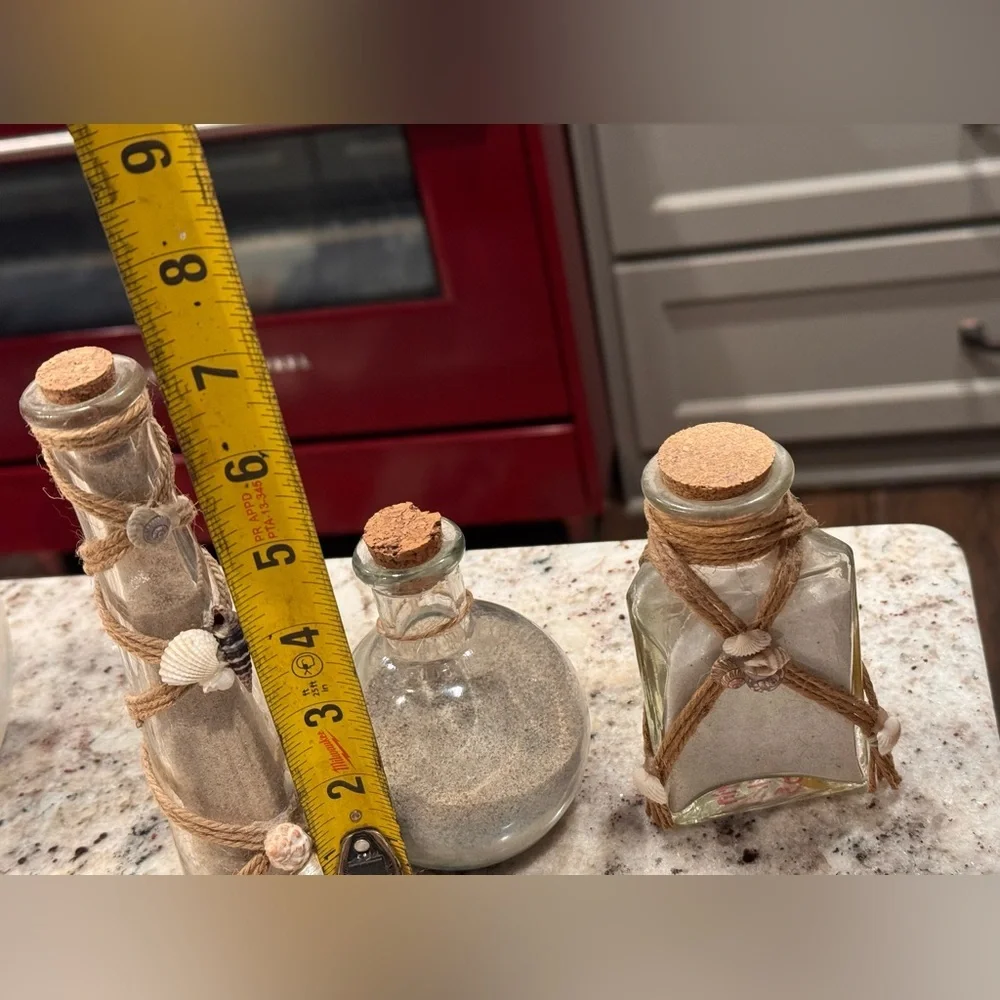 3pc Sand filled Glass seashell Bottle Set with Cork and Twine
